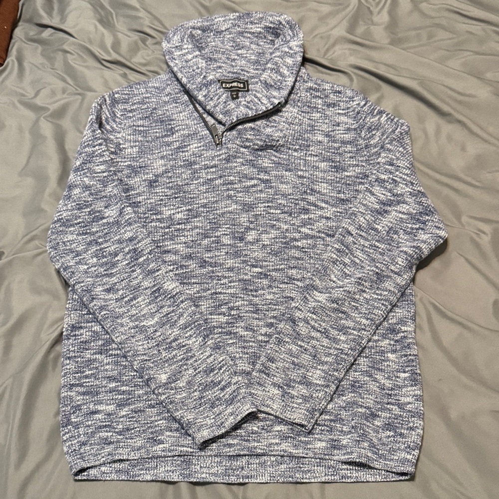 Express Men's Marled Blue and White Zip-Up Sweater